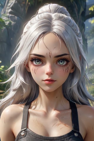 ery aesthetic, absurdres, 1girl, teenage girl, long silver-white hair which fades to black at the hair tip, (looking at viewer:1), Bliss, wavy mouth, solo, wearing Far Cry outfit, Far Cry background, clean face, intricate details, (extremely detailed, amazing quality, best quality, HDR, UHD, perfect anatomy), ((RAW photo, extremely details, high quality)), (symmetrical eyes, symmetrical face), ((detailed atmosphere)), (((high resolution, 8k, best quality, ultra high definition, great detail of textures))), OverallDetail