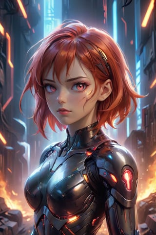 Best quality, Raw photo, face portrait, a young cyborg woman with fiery red hair. Her face fills the frame, bathed in neon hues, exuding determination and mystery amidst a futuristic backdrop