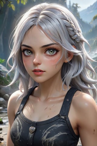 ery aesthetic, absurdres, 1girl, teenage girl, long silver-white hair which fades to black at the hair tip, (looking at viewer:1), Bliss, wavy mouth, solo, wearing Far Cry outfit, Far Cry background, clean face, intricate details, (extremely detailed, amazing quality, best quality, HDR, UHD, perfect anatomy), ((RAW photo, extremely details, high quality)), (symmetrical eyes, symmetrical face), ((detailed atmosphere)), (((high resolution, 8k, best quality, ultra high definition, great detail of textures))), OverallDetail