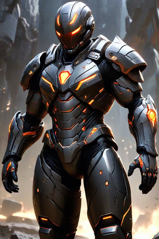 A digital illustration of a futuristic soldier in ultra-high-definition, featuring an ultra-realistic and ultra-detailed armored suit. The armor is predominantly black with orange accents, highlighting its intricate design. The helmet has a reflective visor and the suit includes various panels and layers that suggest advanced technology. The soft anisotropic filtering adds a realistic texture to the materials, while the hypersharp feature brings out the fine details, making the armor appear tangible. The overall quality is comparable to a high-resolution National Geographic photograph, and the artwork would trend on ArtStation for its impressive details and realism.
