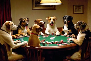 dogs sitting at a round table playing poker
