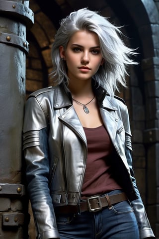 highly detailed, rpg style, beautiful young woman, 20 years old, metallic silver hair, casual shirt, leather jacket, jeans, boots, ultra detailed face, (very detailed hair), rebels shelter background, fusion of final fantasy videogame and dungeon & dragons realm, high contrast, flat colors, cel shaded, by Richard Anderson,Magical Fantasy style,portraitart