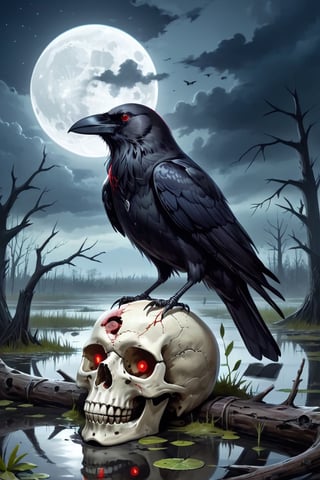 a swamp under a gloomy sky,  with a crow perched on a decayed skull. The full moon behind the crow makes its eyes glow red. Use a dark eerie atmosphere