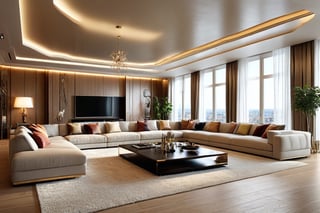 Photograph of a beautiful luxurious living room, Modern luxury penthouse apartment Interior Style, ((masterpiece))), best quality,ultra-detailed, 8k, wallpaper, extremely delicate and beautiful, highresolution, ray tracing, (realistic, photorealistic:1.4), professional lighting, photon mapping, radiosity, physically-based rendering, colorful modern Interior Design as seen on Dezeen