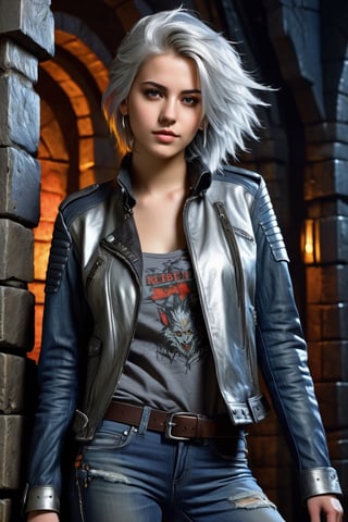 highly detailed, beautiful young woman, 20 years old, metallic silver hair, casual shirt, leather jacket, jeans, boots, ultra detailed face, (very detailed hair), rebels shelter background, fusion of final fantasy videogame and dungeon & dragons realm, high contrast, flat colors, cel shaded, Magical Fantasy style,portraitart