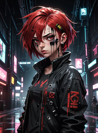 anime teenage girl in a cyberpunk mall, teary eyes, teenage outfit, black and red hair, serious fashion style, dark theme style, punk style, short hair, black background, black paint dripping heavily from eyes and mouth