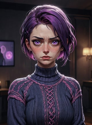 A highly detailed portrait of a stunningly Raven in tight and form-fitting sweater and jeans, purple eyes, short purple hair tied up, crying awkward expression, ((blush under eyes)), camera in front, (Looking directly at the camera), ((dark room background)), ((ultra detailed)), ((beautiful)), ((4k)), ((8k)), Art style of Arthenin