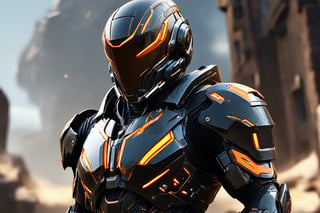 A digital illustration of a futuristic soldier in ultra-high-definition, featuring an ultra-realistic and ultra-detailed armored suit. The armor is predominantly black with orange accents, highlighting its intricate design. The helmet has a reflective visor and the suit includes various panels and layers that suggest advanced technology. The soft anisotropic filtering adds a realistic texture to the materials, while the hypersharp feature brings out the fine details, making the armor appear tangible. The overall quality is comparable to a high-resolution National Geographic photograph, and the artwork would trend on ArtStation for its impressive details and realism.