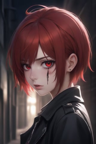 anime teenage girl on a bacstreet alley, teary eyes, teenage outfit, black and red hair, serious fashion style, dark theme style, punk style, short hair, black background, black paint dripping heavily from eyes and mouth