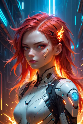 Best quality, Raw photo, face portrait, a young cyborg woman with fiery red hair. Her face fills the frame, bathed in neon hues, exuding determination and mystery amidst a futuristic backdrop