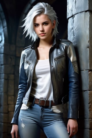 highly detailed, beautiful young woman, 20 years old, metallic silver hair, casual shirt, leather jacket, jeans, boots, ultra detailed face, (very detailed hair), rebels shelter background, fusion of final fantasy videogame and dungeon & dragons realm, high contrast, flat colors, cel shaded, Magical Fantasy style,portraitart