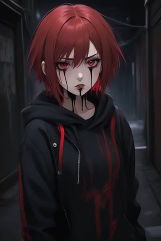 anime teenage girl on a bacstreet alley, teary eyes, teenage outfit, black and red hair, serious fashion style, dark theme style, punk style, short hair, black background, black paint dripping heavily from eyes and mouth