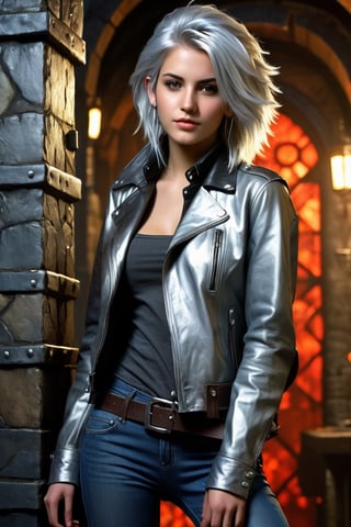 highly detailed, rpg style, beautiful young woman, 20 years old, metallic silver hair, casual shirt, leather jacket, jeans, boots, ultra detailed face, (very detailed hair), rebels shelter background, fusion of final fantasy videogame and dungeon & dragons realm, high contrast, flat colors, cel shaded, by Richard Anderson,Magical Fantasy style,3d toon style,portraitart