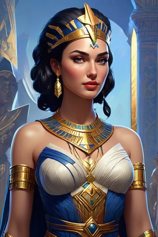 Visualize a breathtaking 2D anime-style full-body illustration of Gal Gadot as the queen of ancient Egypt. Tom Bagshaw's influence is evident in the detailed and stylized features, complemented by Adobe Illustrator's flat design. The neutral colors and dark blue palette, inspired by color theory, create a harmonious and visually striking portrayal.