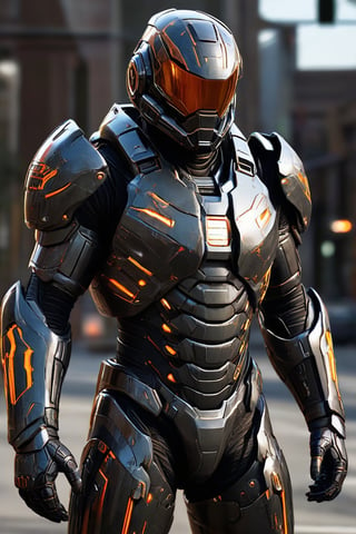 A digital illustration of a futuristic soldier in ultra-high-definition, featuring an ultra-realistic and ultra-detailed armored suit. The armor is predominantly black with orange accents, highlighting its intricate design. The helmet has a reflective visor and the suit includes various panels and layers that suggest advanced technology. The soft anisotropic filtering adds a realistic texture to the materials, while the hypersharp feature brings out the fine details, making the armor appear tangible. The overall quality is comparable to a high-resolution National Geographic photograph, and the artwork would trend on ArtStation for its impressive details and realism.