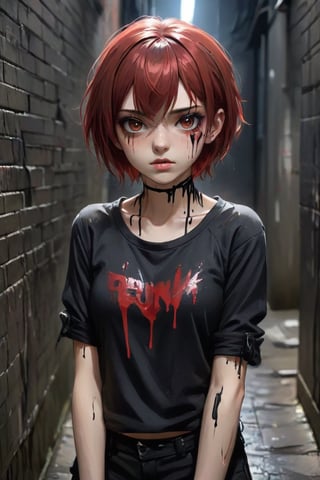 teenage girl on a backstreet alley, teary eyes, teenage outfit, black and red hair, serious fashion style, dark theme style, punk style, short hair, black background, black paint dripping heavily from eyes and mouth