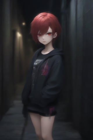 anime teenage girl on a bacstreet alley, teary eyes, teenage outfit, black and red hair, serious fashion style, dark theme style, punk style, short hair, black background, black paint dripping heavily from eyes and mouth