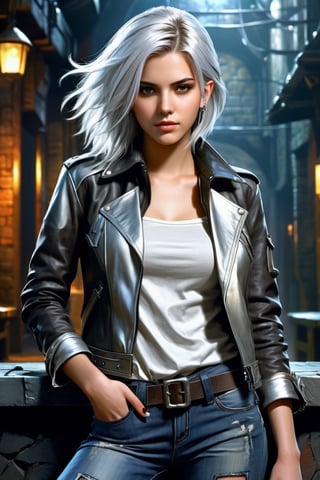 highly detailed illustration in anime style, rpg style, beautiful young woman, 20 years old, metallic silver hair, casual shirt, leather jacket, jeans, boots, ultra detailed face, (very detailed hair), rebels shelter background, fusion of final fantasy videogame and dungeon & dragons realm, high contrast, flat colors, cel shaded, by Richard Anderson,Magical Fantasy style,3d toon style,portraitart