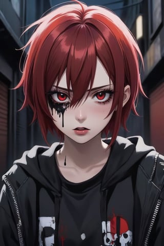 anime teenage girl on a bacstreet alley, teary eyes, teenage outfit, black and red hair, serious fashion style, dark theme style, punk style, short hair, black background, black paint dripping heavily from eyes and mouth