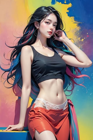 extreme detailed, (masterpiece), (top quality), (best quality), (official art), (beautiful and aesthetic:1.2), (stylish pose), (1 woman), (colorful), (multicolor theme: 1.5), ppcp, medium length skirt, looking into distance, long wave black hair, show navel, random graceful pose, wearing a white tank top with lace, small breasts, extra big hips, full body, black eyes,
perfect,ChineseWatercolorPainting,Chromaspots,fairy,pastelbg,1girl,Half Color,neon background,gongbiv,red dress,colorful_girl,masterpiece