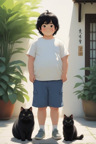 little boy standing next to cute fat cat,black hair,long hair, summer day, symmetry face, niji style, ghibli style