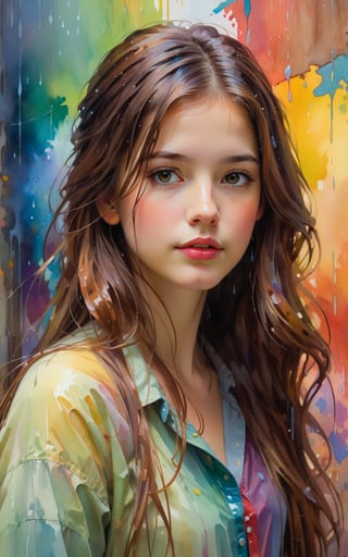 1girl, solo, long hair, looking at viewer, brown hair, closed mouth, upper body, mole, lips, colorful abstract paint on the wall behind her. water color, rain by Daniel Gerhartz