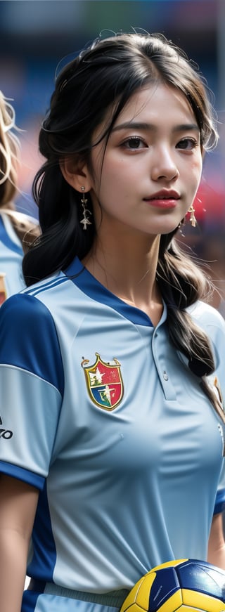 1girl, solo, looking at viewer, smile, shirt, black hair, jewelry, closed mouth, upper body, short sleeves, earrings, striped, blurry, black eyes, blurry background, striped shirt, sportswear, realistic, facepaint, soccer uniform, soccer, argentina_uniform, argentenian fangirl