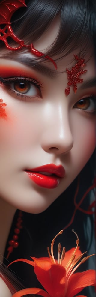 Portrait of a demon woman, burning red color, Miki Asai macro photography, close-up, cvombining the styles of Jose Royo, Boris Vallejo, Carne Griffiths, Harrison Fisher, Brian Froud, Jeremy Mann, Steadman, Hanuka, Klimt, Bell, Hobbie, Newton, epic decor, hyper detailed, trending on artstation, sharp focus, studio photo, intricate details, very detailed, Miki Asai Macro photography, close-up, hyper detailed, trending on artstation, sharp focus, studio photo, intricate details, highly detailed, by lily serenade