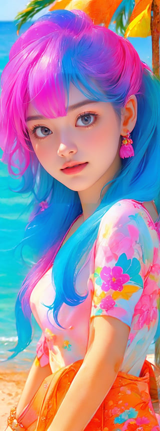 score_9, score_8_up, score_7_up, score_6_up, score_5_up, score_4_up,  1girl, solo, colorful, vivid colors, perfect female form, cute face, glossy pink lips, expressive eyes, eyeshadow, eyeliner, blush, long blue hair, colored hair, hair in the wind, hair ornament, cute, blue eyes, thigh strap, choker, shiny skin, sandals, hair flower, aerial view, beach, from above, lying on beach,