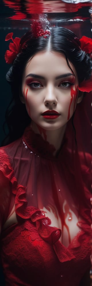 A black haired woman underwater, her head is submerged in water and she has red paint running down the side of it, the hair covering half face, the dress is made from lace with ruffles, dark background, bubbles around, high fashion style, dark colors, red smoke on top, photography, hyperrealistic