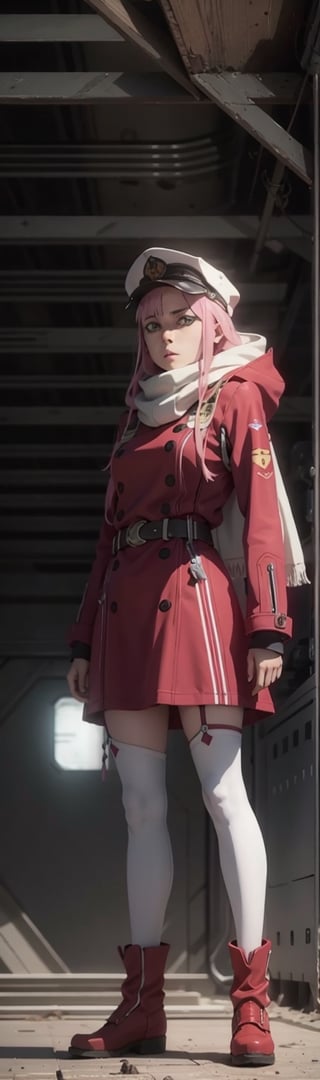 masterpiece, best quality, highres, zero two , long hair, sky blue eyes eyes, red dress, tie, cap, belt, , red scarf, red pilot suit, long sleeves, cowboy shot, white boot, standing, in front of Klaxosaur Mothership, tall girl, ,4k, (photorealistic:1.5), beautiful lighting, (ulzzang-6500:0.5)
,hmmikasa,zero two,  takes place in a dystopian post-apocalyptic future 