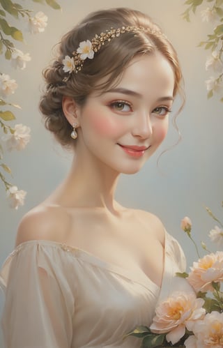 Classic Portrait Painting: Timeless elegance, realistic depiction, mediable fasshion, soft lighting, capturing character., detailed skin, elegant smiling, flower_hair_ornament