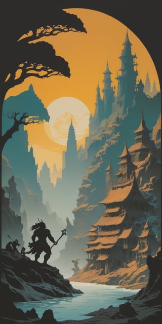 score_9, score_8, score_7, score_6, Stacked Papercut Art showcasing a mythical world: Deep layers of cut paper, Frank Frazetta style, 1 art tells a continous story