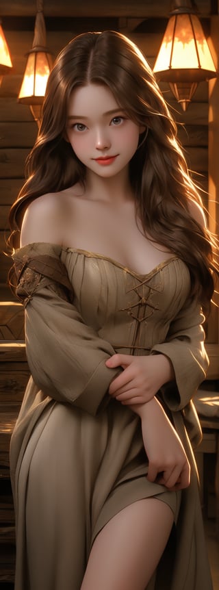 score_9, score_8_up, score_7_up, score_6_up, score_5_up, score_4_up, girl, (beautiful face, cute face, 18 years old), brunette, long straight hair, medieval dress, off shoulder, midriff, (tiny waist, flat stomach, narrow hips):1.4, inside cozy medieval cabin, soft lighting, smiling, blush, looking at viewer
