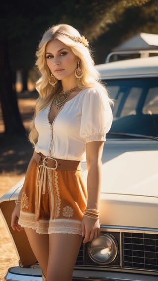 A realistic, high-definition photograph capturing the enchanting beauty of a blonde gypsy woman dressed in 70s attire, standing beside her white 70s Stationwagon with a warm, dramatic sunlight casting long, soft shadows on the scene.