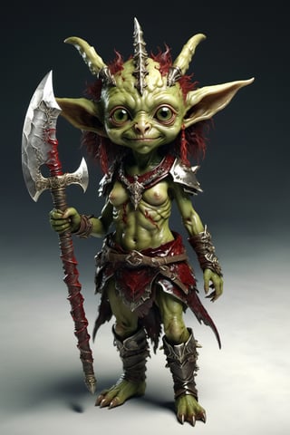 Hyper-realistic, Cinematic Render, fantasy movie, full body portrait, young, tiny, ((very cute)) goblin girl, very large eyes and, pointy ears, (green skin, scaly), dark red hair, wild windswept hair, freckles, chubby, psychotic, toothy smile,  tusks, violent eyes, green eyes, weilding huge bloody axe, necklaces, bracelets, bone headdress, inside dark fantasy temple, torches, bone decorations, , ,Monster
