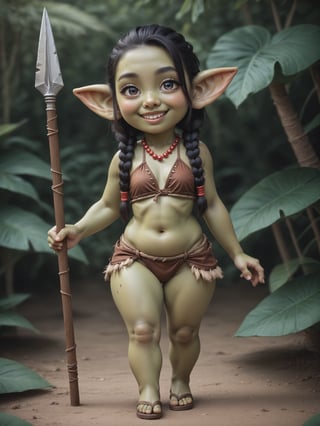 score_9, score_8_up, score_7_up, solo, ((tiny, sexy, shortstack Asian goblin girl)), very large pointy ears, big eyes, athletic build, blushing, cute smile, shy smile, raven black hair, long braids, shaved side of head, (tribal clothes, wearing beads and bones and leather and furs), ((green skin)), shortstack, smiling up at viewer, holding large spear, cute mischievous smile, in a fantasy jungle,