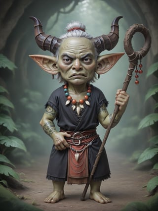 score_9, score_8_up, score_7_up, solo, ((very old goblin man, warlock, shaman)), 100-years-old, shortstack, very thin, very large pointy ears, large crooked nose, bushy eyebrows, large black eyes, large black horns, elderly, hunched over, ugly, grumpy serious expression, scraggly white hair with bird-skull headdress, (tribal clothes, wearing beads and bones and long black robes and furs), ((green skin and dark face tattoos)), holding an old crooked tree branch magic staff, in a fantasy jungle temple,