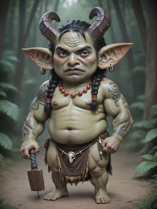 score_9, score_8_up, score_7_up, solo, ((very old goblin man, warlock, shaman)), shortstack, very muscular, fat, very large pointy ears, large crooked nose, bushy eyebrows, large black eyes, large black horns, elderly, hunched over, ugly, grumpy serious expression, long braided black hair with bird-skull headdress, (tribal clothes, wearing beads and bones and long black robes and furs), ((green skin and dark face tattoos)), holding a rusty hoe, in a fantasy jungle village,