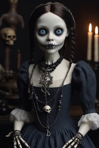 Hyper-realistic, Cinematic Render, fantasy movie, full body portrait, tiny, ((very cute)) undead porcelain doll girl, very large eyes, (black and white goth clothing), bangs and pigtails , freckles, blush, chubby, cute smile, blue eyes, ((holding occult daggers)) , ruby necklaces, bracelets, skeleton clothes, ,(( inside dark Manor)), torches, bones, occult decorations, ,monsters in background ,Monster, inspired by Tim Burton and Guillermo del Toro 