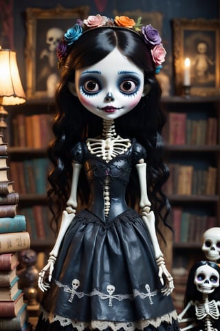 Hyper-realistic, Cinematic Render, ((creepy)) stop motion movie, creepy lighting, Corpse Bride style, full body portrait, young 10-year-old, (charming and beautiful) ((Japanese)) skeleton girl, (pale white skin), mussed black hair, patchwork black Victorian clothes, cut out cloth patches and big stitches, high texture, splashes of colourful paint on clothes, very large brown eyes, (holding ((stack of old books)), dark eye makeup, cute smile, mischievous smile, muted colours, curiosity cabinet in background, strange paintings in background, 3d style, high depth of field, ,chibi,Monster