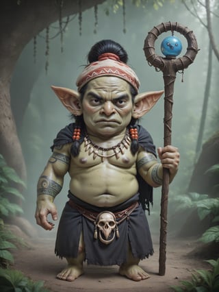 score_9, score_8_up, score_7_up, solo, ((very old goblin man, warlock, shaman)), 100-years-old, shortstack, very muscular, fat, very large pointy ears, large crooked nose, bushy eyebrows, large black eyes, large black horns, elderly, hunched over, ugly, grumpy serious expression, long braided black hair with bird-skull headdress, (tribal clothes, wearing beads and bones and long black robes and furs), ((green skin and dark face tattoos)), holding an old crooked tree branch magic staff, in a fantasy jungle temple,