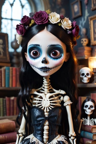 Hyper-realistic, Cinematic Render, ((creepy)) stop motion movie, creepy lighting, Corpse Bride style, full body portrait, young 10-year-old, (charming and beautiful) ((indigenous)) skeleton girl, (pale white skin), mussed black hair, patchwork black Victorian clothes, cut out cloth patches and big stitches, high texture, splashes of colourful paint on clothes, very large brown eyes, (holding ((stack of old books)), dark eye makeup, cute smile, mischievous smile, muted colours, curiosity cabinet in background, strange paintings in background, 3d style, high depth of field, ,chibi,Monster