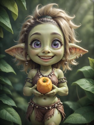 score_9, score_8_up, score_7_up, solo, ((cute, tiny, young goblin girl)), shortstack, very large pointy ears, big eyes, excited smile, messy punk blonde hair with flowers, (tribal clothes, wearing beads and bones and leather and furs), ((green skin)), (holding very large magenta fruit), in a fantasy jungle,