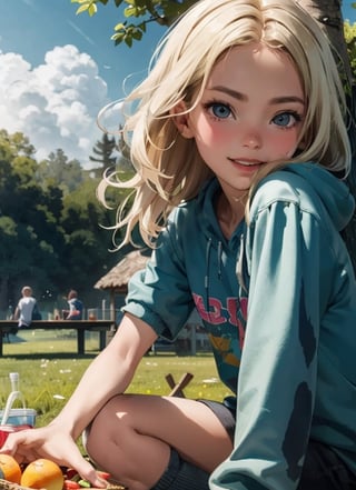 Iofi a girl playing with a little boy at a picnic on a beautiful day, blonde long hair girl, happy girl,