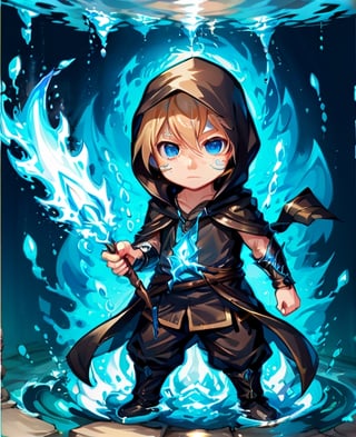 1boy, blue eyes, casting spell, chibi, hood, male focus, mask, solo, staff, water, weapon