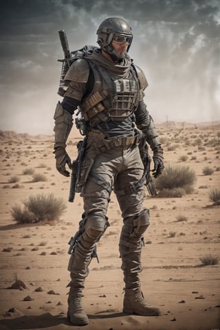 A male US special Solider, wearing full body armor suit, Gray colour uniform highly upgraded wepons ,super uniform,looking so good,full body,basic_background looks like in a desert ,war time,
,realism,realistic,portrait,Des3rt4rmor,F-22