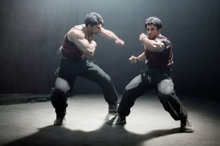 (photorealistic):1.4, moviestill, cinestill, (RAW, photo), break,
(best quality, ultra quality, high quality):1.3, break, dynamic view, a head and full body portrait of male street fighters fighting on a street, wearing male fighter full clothes with realistic movement, very symmetric male head, different male faces, handsome, high action, fighting scene movie, realistic accurate anatomy, healthy, original, sense of fight and combat, street fighters atmosphere, 3d rendering, capcom, namco, high quality physics-based rendering, cg, cgi, 120fps, visible air trace, high res, fightful intricate, (player characters focus), different male faces, very symmetric different male heads, realistic combat movement, realistic leg movement ,man,Epicrealism, ufotable, ,realhands