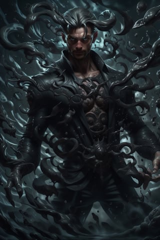 realistic, masterpiece, best quality, natural lighting, soft shadow, insane detail, detailed background, professional photography, depth of field, intricate, detailed face, subsurface scattering, realistic hair, realistic eyes, muscular, masculine, photo of a handsome man, demonic atmosphere, sense of shadows, shad0wmancer, (swirling black ink), splashing,  casting spell, (symmetry), evil, ,demonictech, scifi,realhands 3d, ,scifi