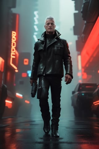 (best quality, high quality):1.3, break, A handsome male android 1man from Blade Runner movie on a cyberpunk crowded street on a rainy night, 27 year old, very short male punk white hair, tall and fit male body, very masculine, best quality male anatomy, realistic male dynamic pose:1.3, dynamic view, break, ultra high res, incredibly absurdres, very clear, real life, photorealistic, epic intricate, cinematic lighting, futuristic colors, blade runner masterpiece, break, (male focus, full height, head and full body in frame, character sharp focus), break, (new, newest, orginal, best aesthetic, hyper realistic style, cinestill, very clear, smooth), 4k 8k 16k 32k 64k 128k, (RAW, photo), (analog style younger Rutger Hauer as an android from Blade Runner movie), perfect symmetry, cyberpunk composition, intricate detailed handsome healthy male face, jovial, brave, 500000dpi, 